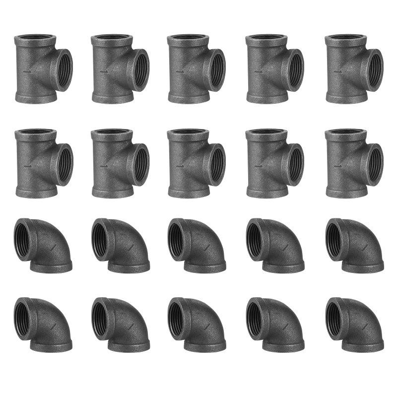 Home TZH 1" Thereaded Tee & Elbow, 20 Pack Industrial Cast Malleable Iron Pipe Elbow/Tee for Steampunk Vintage DIY Pipe Decor Project/Furniture/Shelving Decoration (20, 1 Inch) - Image 1